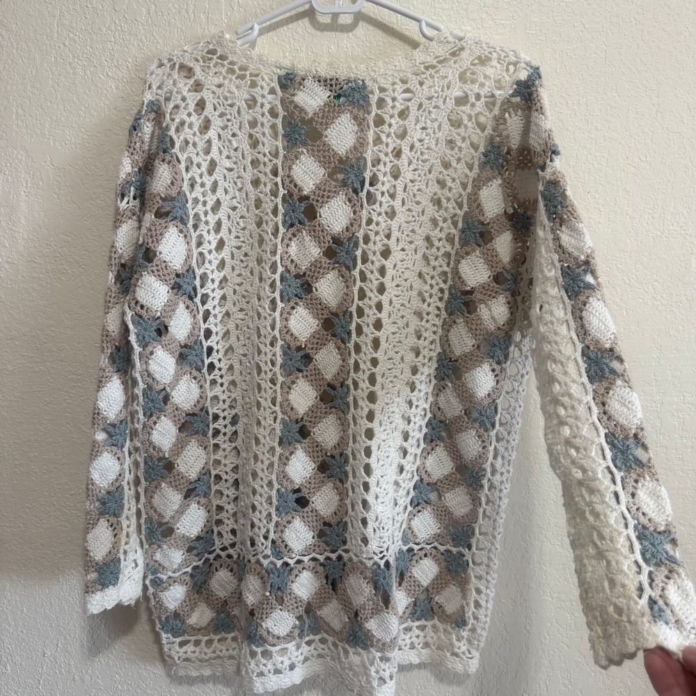 Colleen's Collectables Crochet Sweater Hand Knitted Ramie Cotton Boho Cream‎ L - Picture 9 of 14